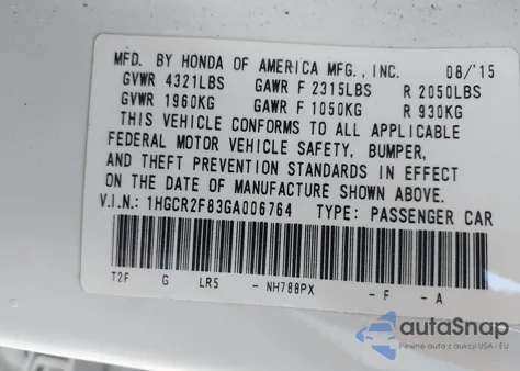 2016 Honda Accord Ex-L z USA, uszkodzony, nr VIN 1HGCR2F83GA006764